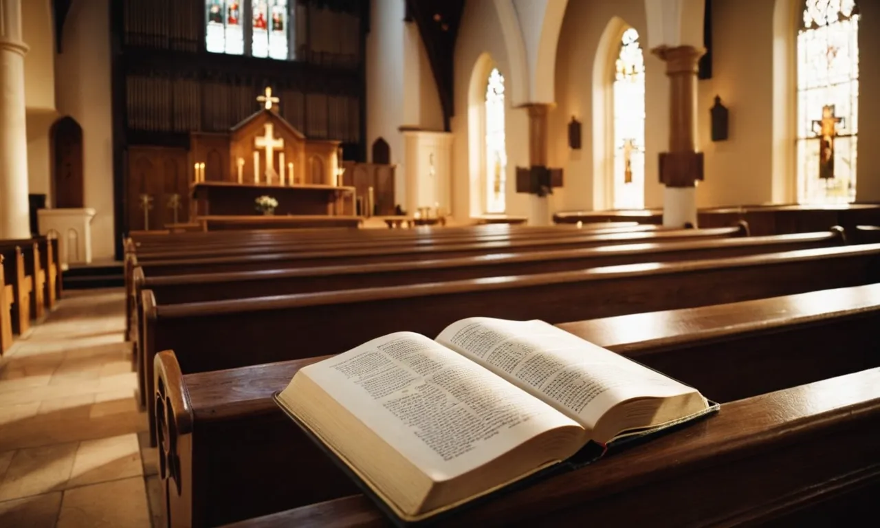 A photo capturing a serene church interior, bathed in warm, golden light, with a single Bible open on a pew, symbolizing the sacredness and knowledge associated with Jesus.