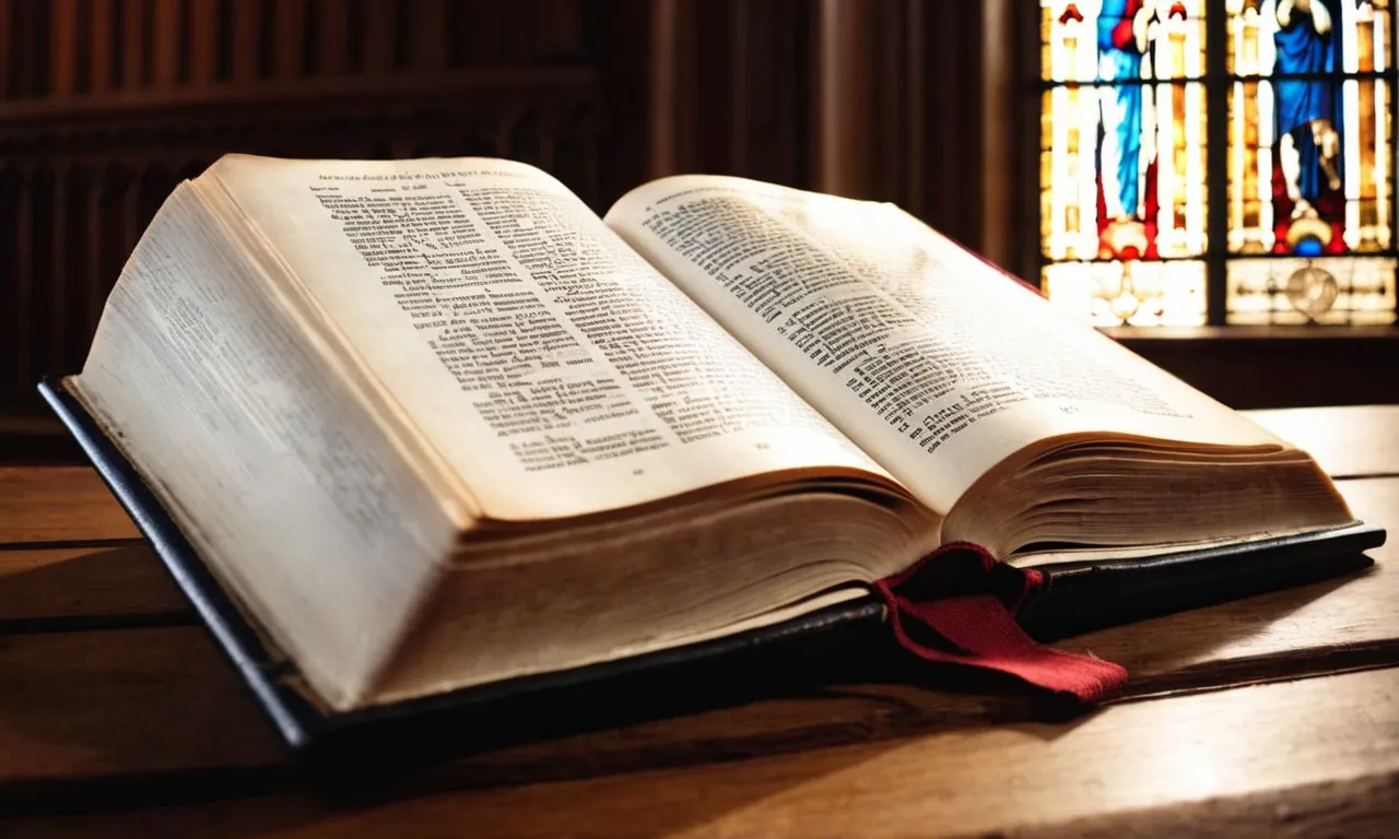 A Bible open to the book of Revelation, with a highlighted verse reading "Revelation 11:11," captured amidst rays of sunlight streaming through a church stained glass window.