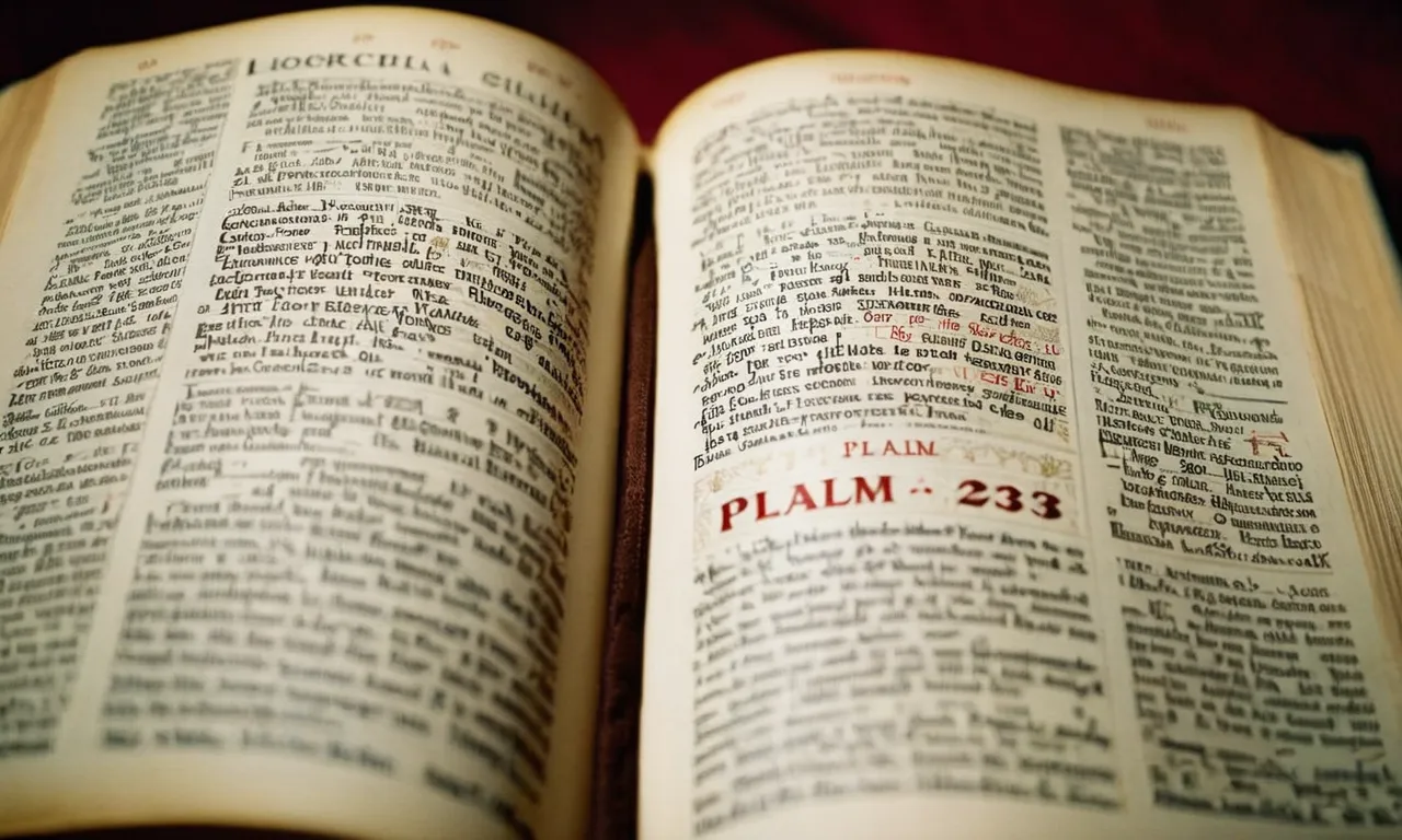 A close-up photograph of an open Bible with the page displaying the verse "Psalm 23" highlighted, capturing the depth and significance of the biblical reference in a powerful visual representation.