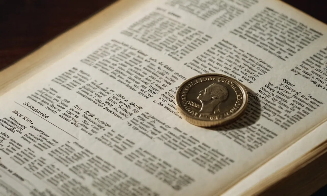 A close-up shot of an open Bible with a single dime placed on the page, symbolizing the story of the widow's offering and highlighting the significance of sacrificial giving.