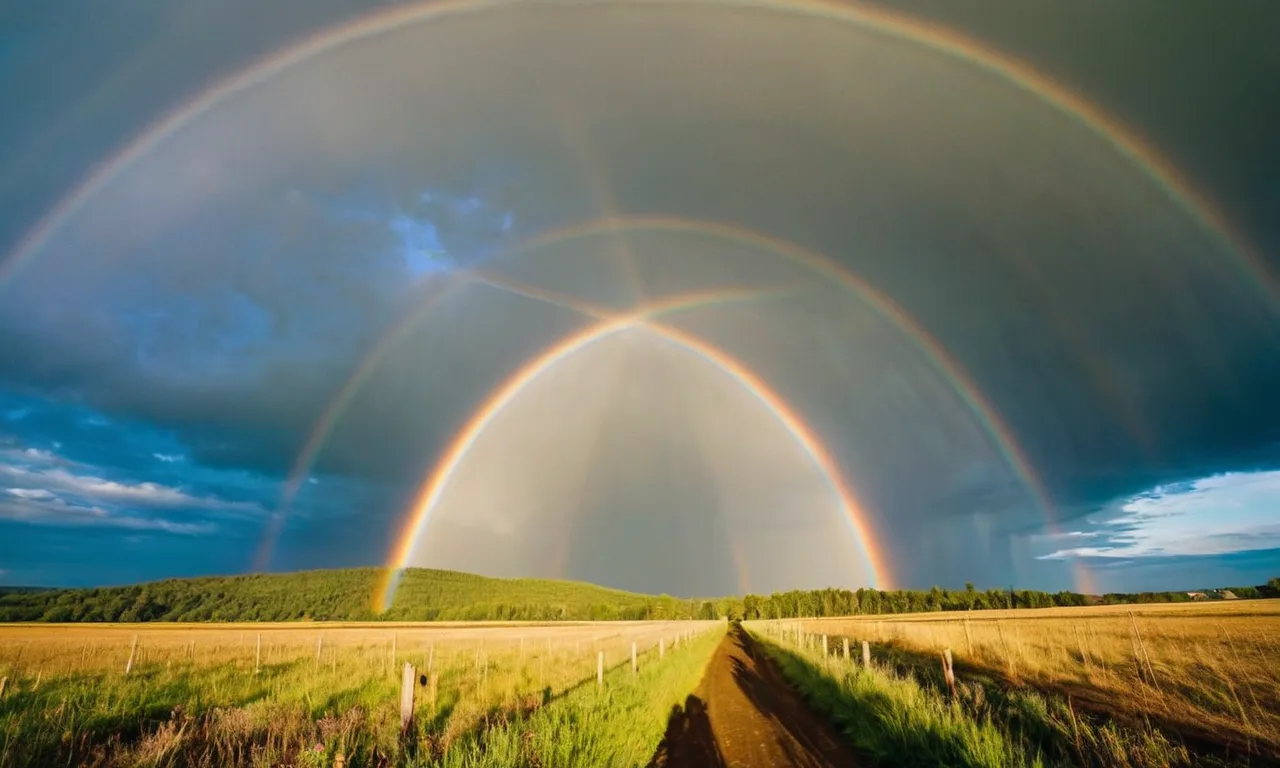 A captivating photo capturing a double rainbow arching across a serene landscape, evoking a biblical symbolism of hope, promise, and God's covenant with humanity.