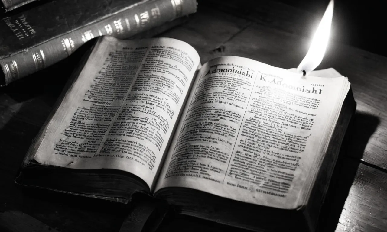 A black and white photograph captures a worn Bible open to a page, highlighting the word "admonish" amidst flickering candlelight, symbolizing the weight of biblical guidance and admonishment.