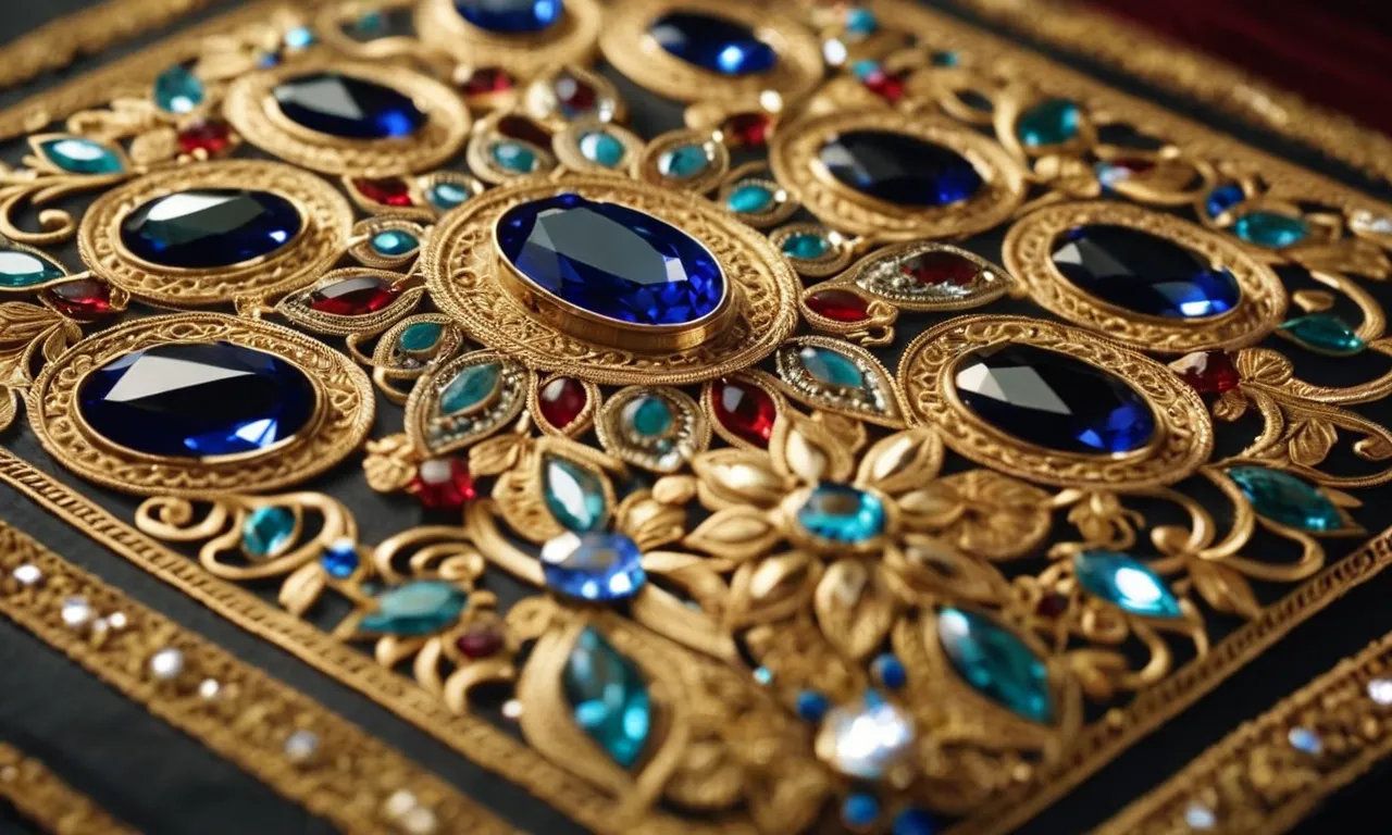 A close-up shot of a beautifully crafted ephod, adorned with intricate embroidery, shimmering gemstones, and golden threads, capturing its rich symbolism and religious significance as mentioned in the Bible.