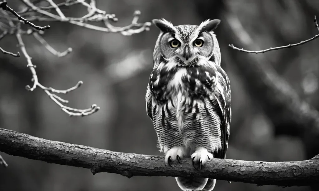 A captivating black and white close-up photo of an owl perched on a branch, its wise and piercing eyes conveying the symbolism of wisdom and insight found in the Bible.