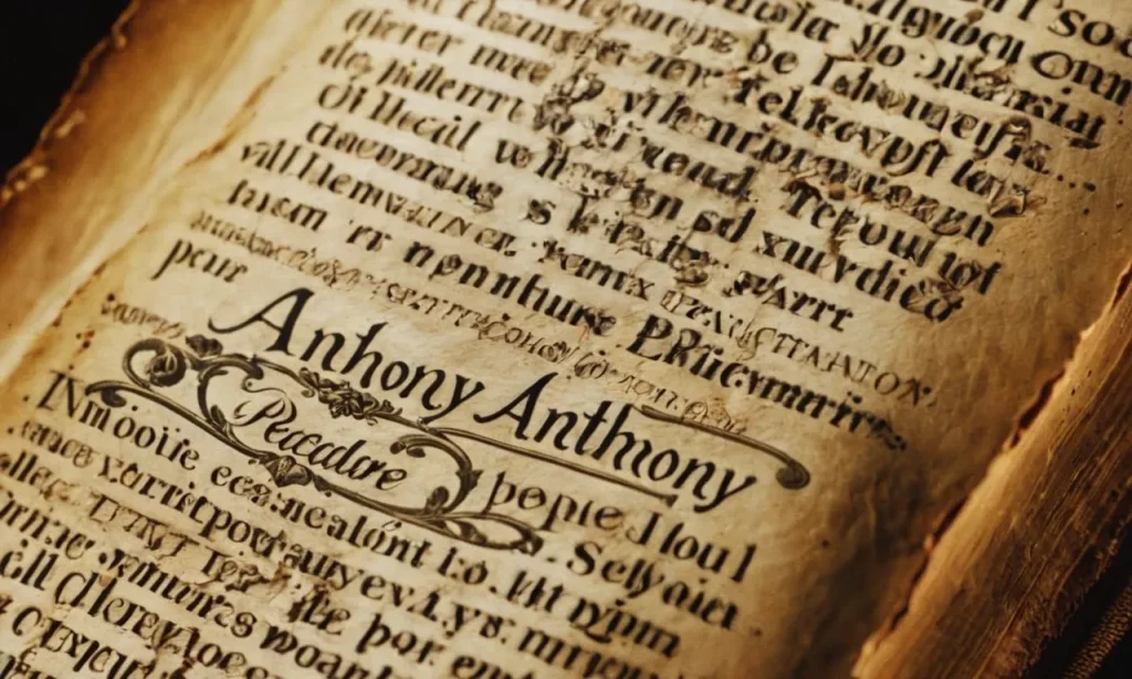 A close-up photograph captures a worn, weathered Bible page with the name "Anthony" highlighted, symbolizing a biblical exploration of the profound meaning associated with the name in religious contexts.