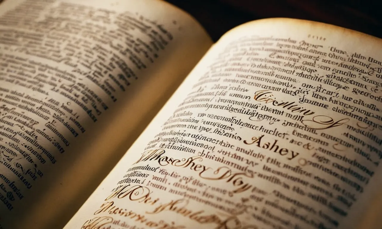 A close-up photo capturing the delicate pages of a Bible, highlighting the name "Ashley" inscribed in elegant calligraphy, symbolizing its significance within biblical texts.