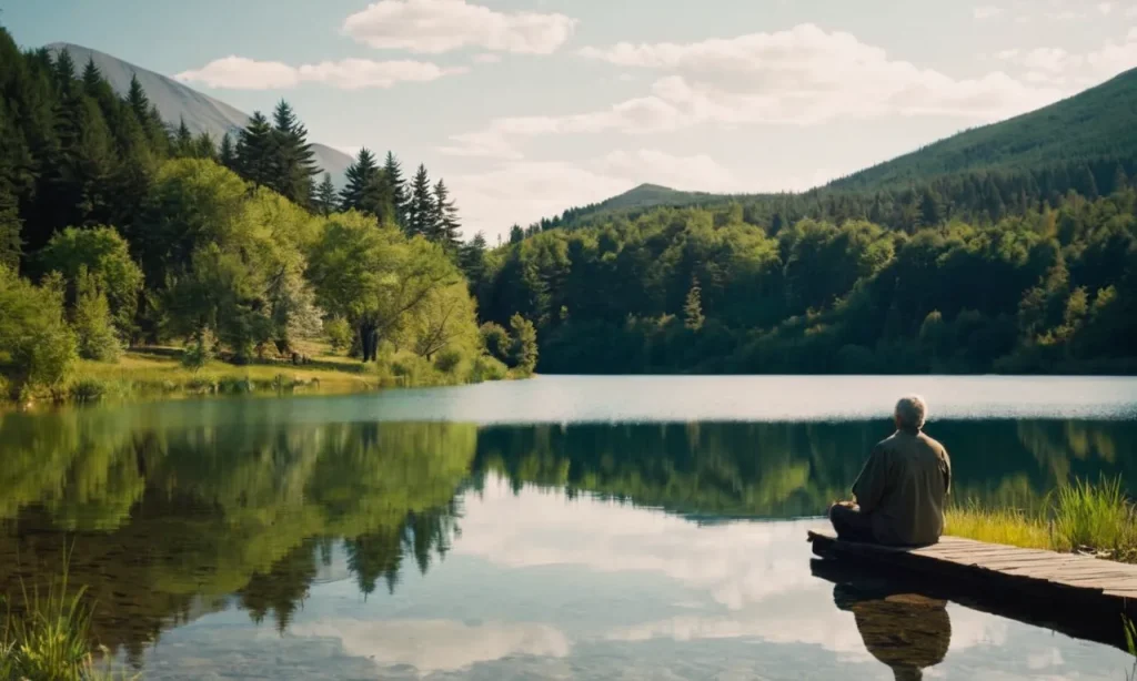 A serene image of a solitary figure sitting by a calm lake, surrounded by nature's beauty, capturing the essence of "be still" as taught in the Bible.