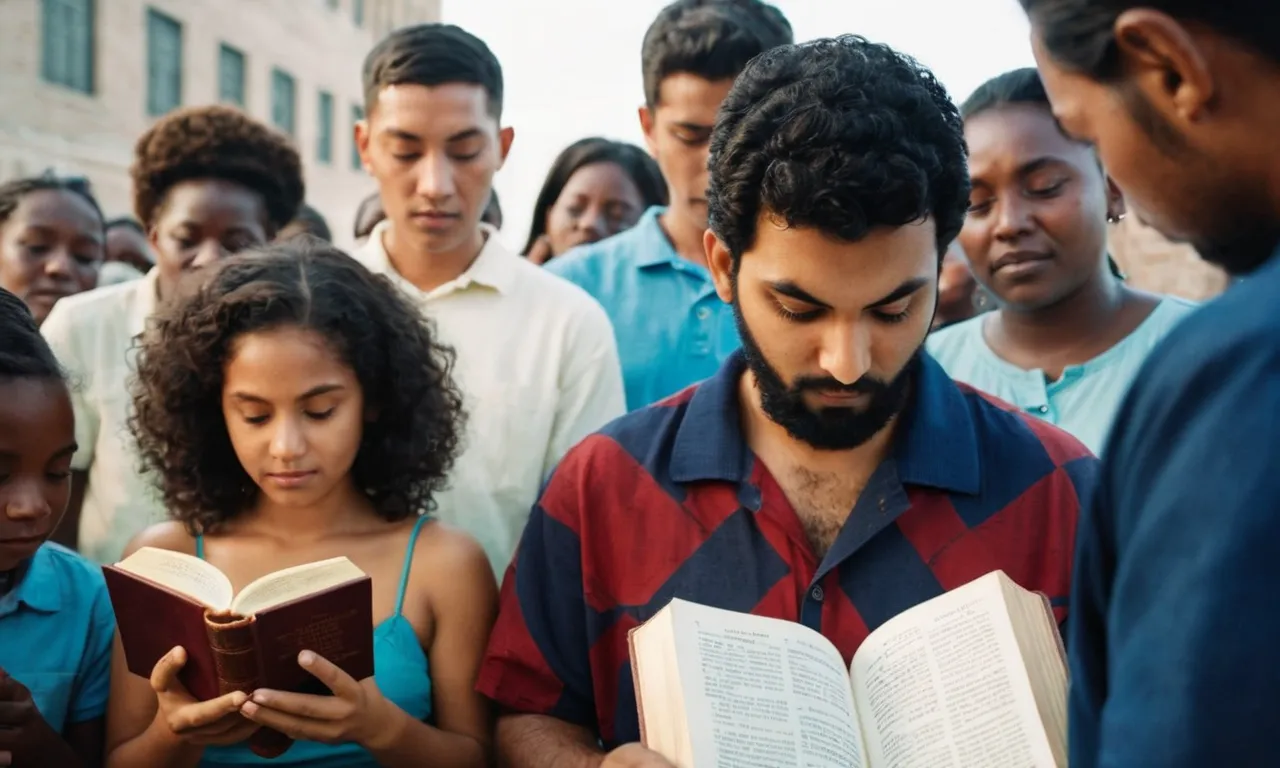 A photograph capturing a kind-hearted individual reading the Bible, surrounded by people from diverse backgrounds, symbolizing the essence of benevolence as taught in the scriptures.