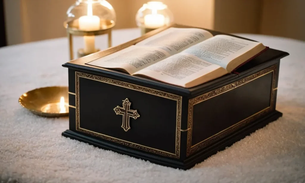 A photo of a Bible placed beside an urn containing cremated ashes, symbolizing the contemplation and reflection on the Scriptures' teachings regarding cremation.