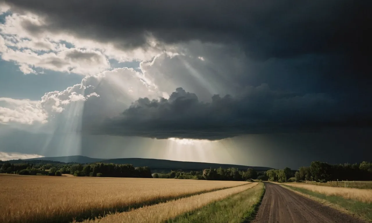 A photo of a serene landscape with a beam of light shining through dark clouds, symbolizing hope and faith, accompanied by the words "But God" etched in the sky.