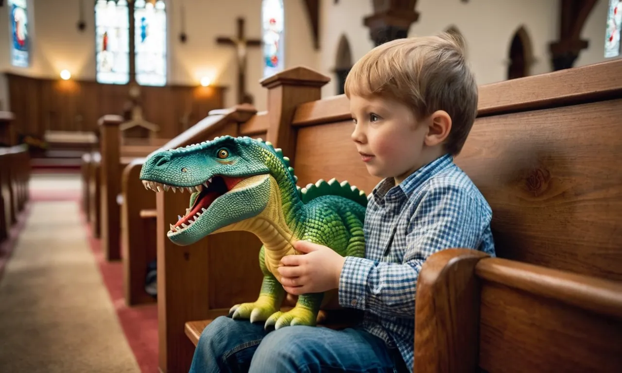 A photo capturing a curious child holding a toy dinosaur while sitting in a church pew, symbolizing the intersection of faith and scientific exploration within Christianity.