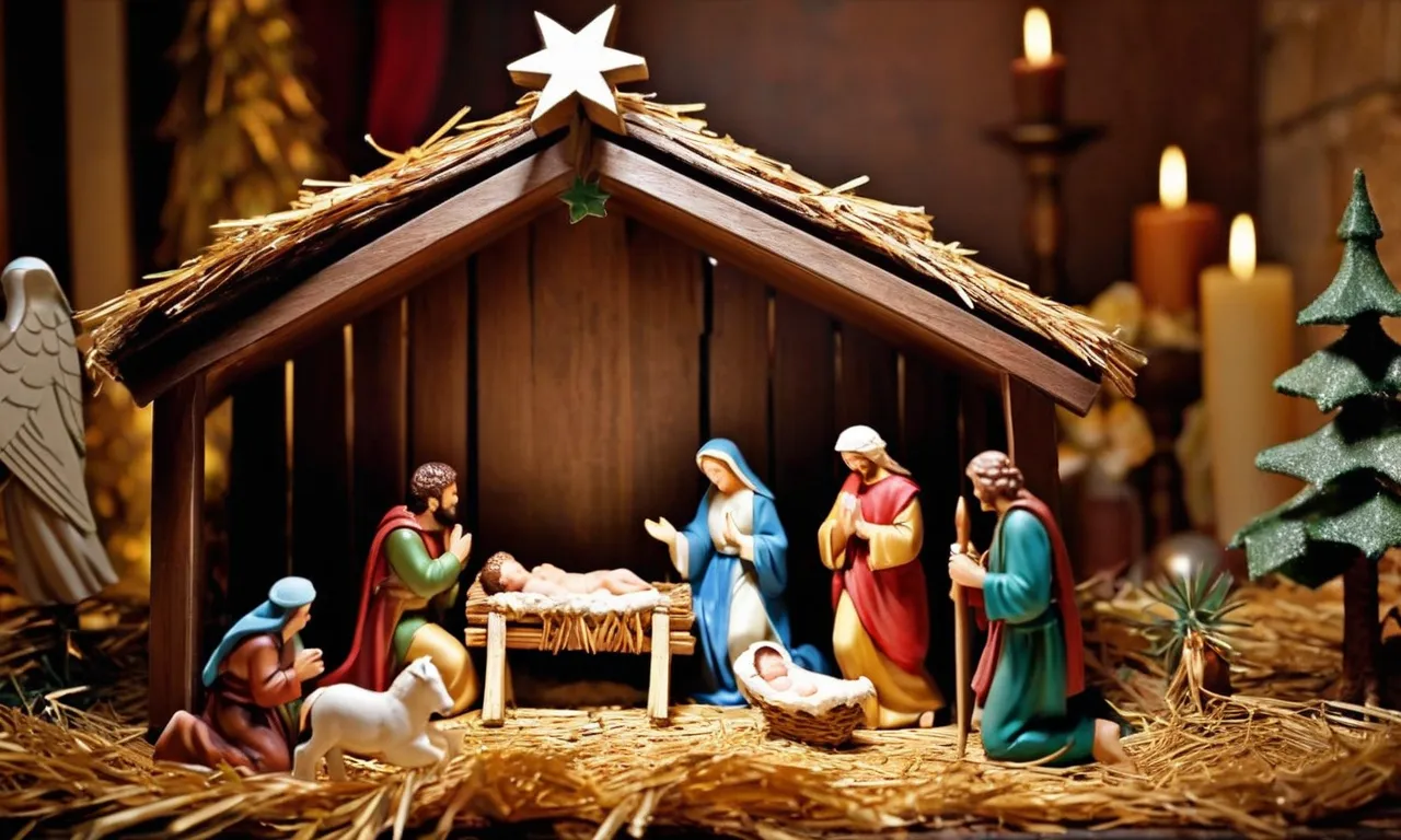 A close-up photo capturing the nativity scene, highlighting the baby Jesus in the manger surrounded by Mary, Joseph, angels, and shepherds, reminding us of the true meaning of Christmas.