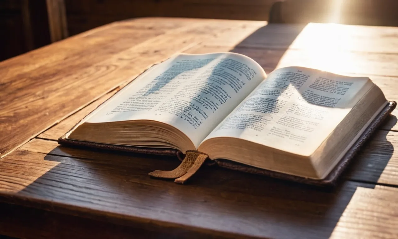 A captivating photograph of an open Bible resting on a wooden table, with rays of sunlight streaming through a nearby window, illustrating the concept of "dwell" in the Bible.