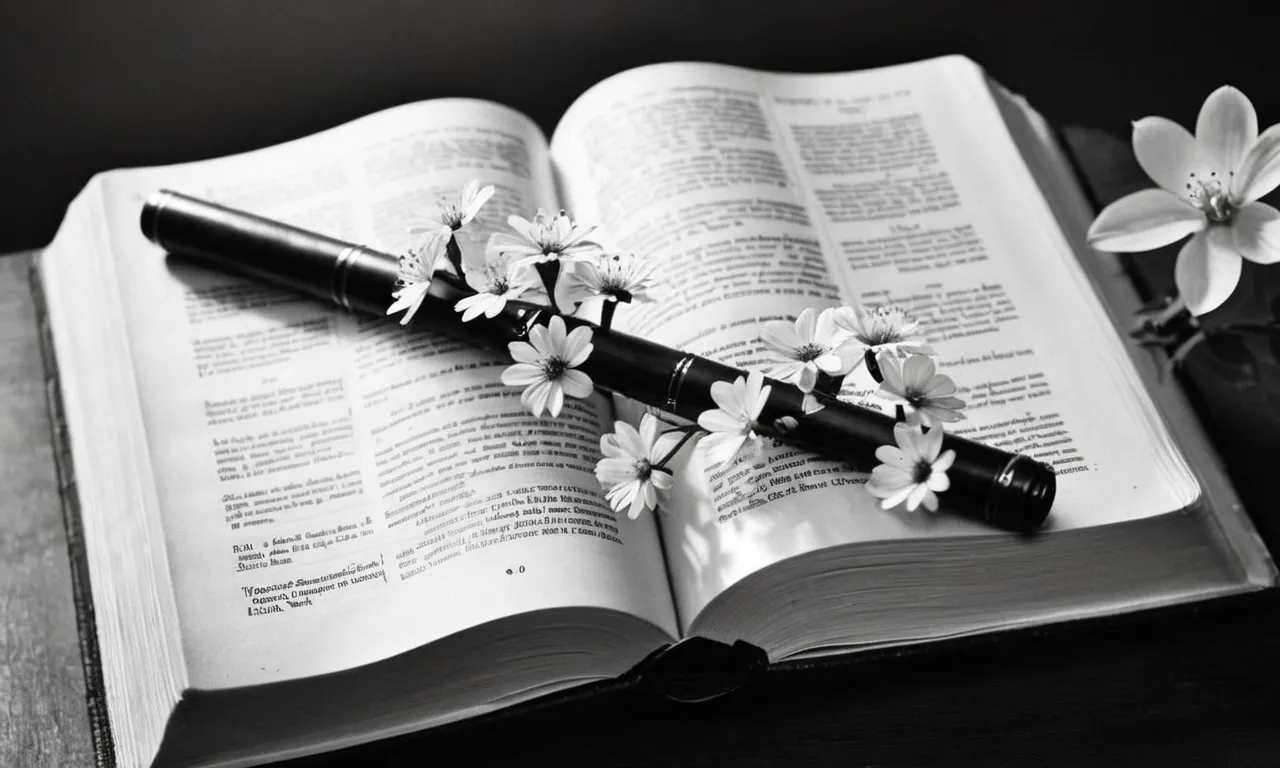 A black-and-white photo of an open Bible, with delicate flowers delicately placed on top, evoking a sense of femininity and highlighting the question of the meaning of "effeminate" in biblical context.