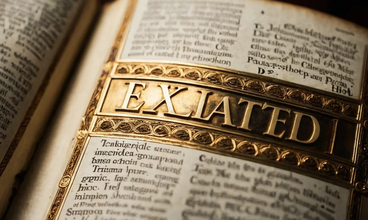 A close-up photograph of an ancient, worn-out Bible with the word "Exalted" highlighted in vibrant gold lettering on a beautifully decorated page.