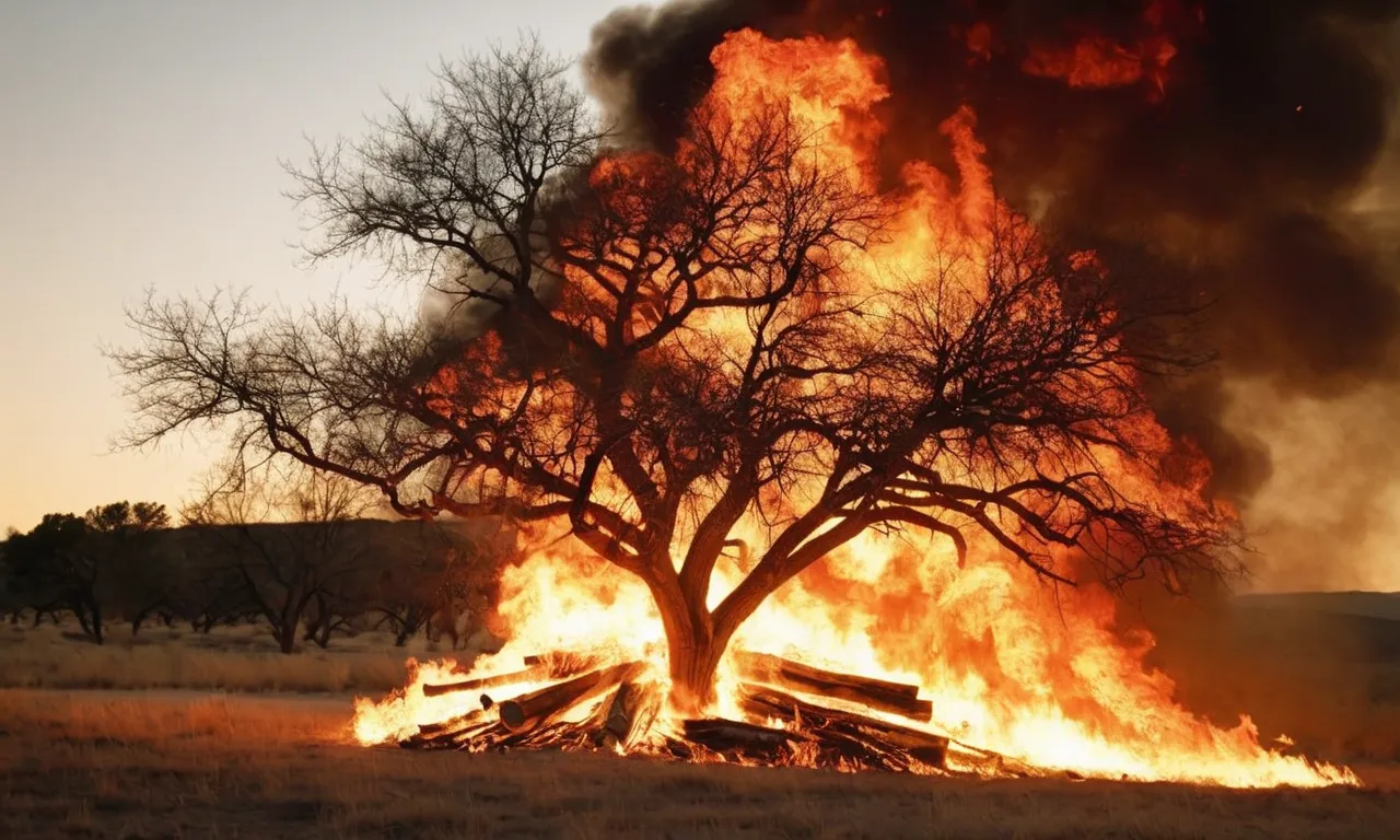 A photo of a burning bush, symbolizing the presence of God, echoing the biblical story of Moses encountering the divine in the form of fire.
