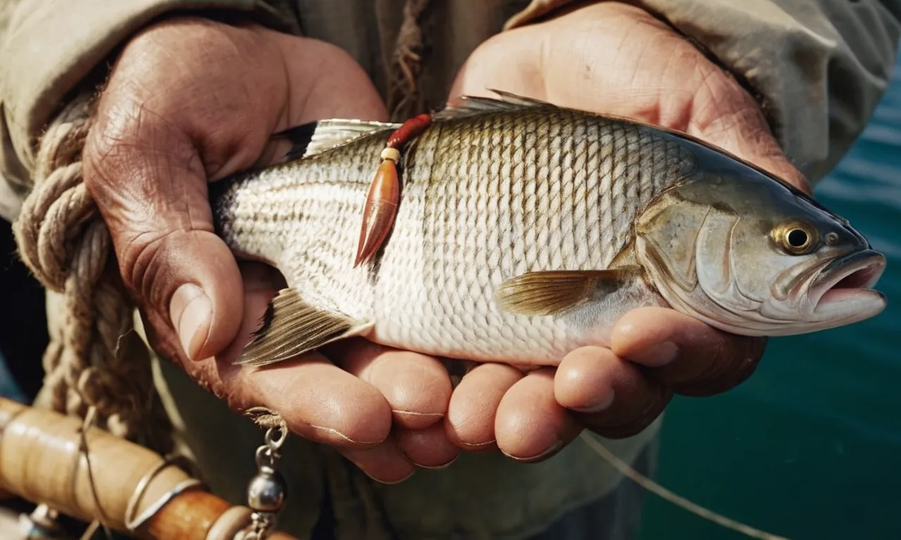A close-up photograph of a fisherman's weathered hands gently holding a fish, capturing the spiritual symbolism and significance of fish in the Bible.