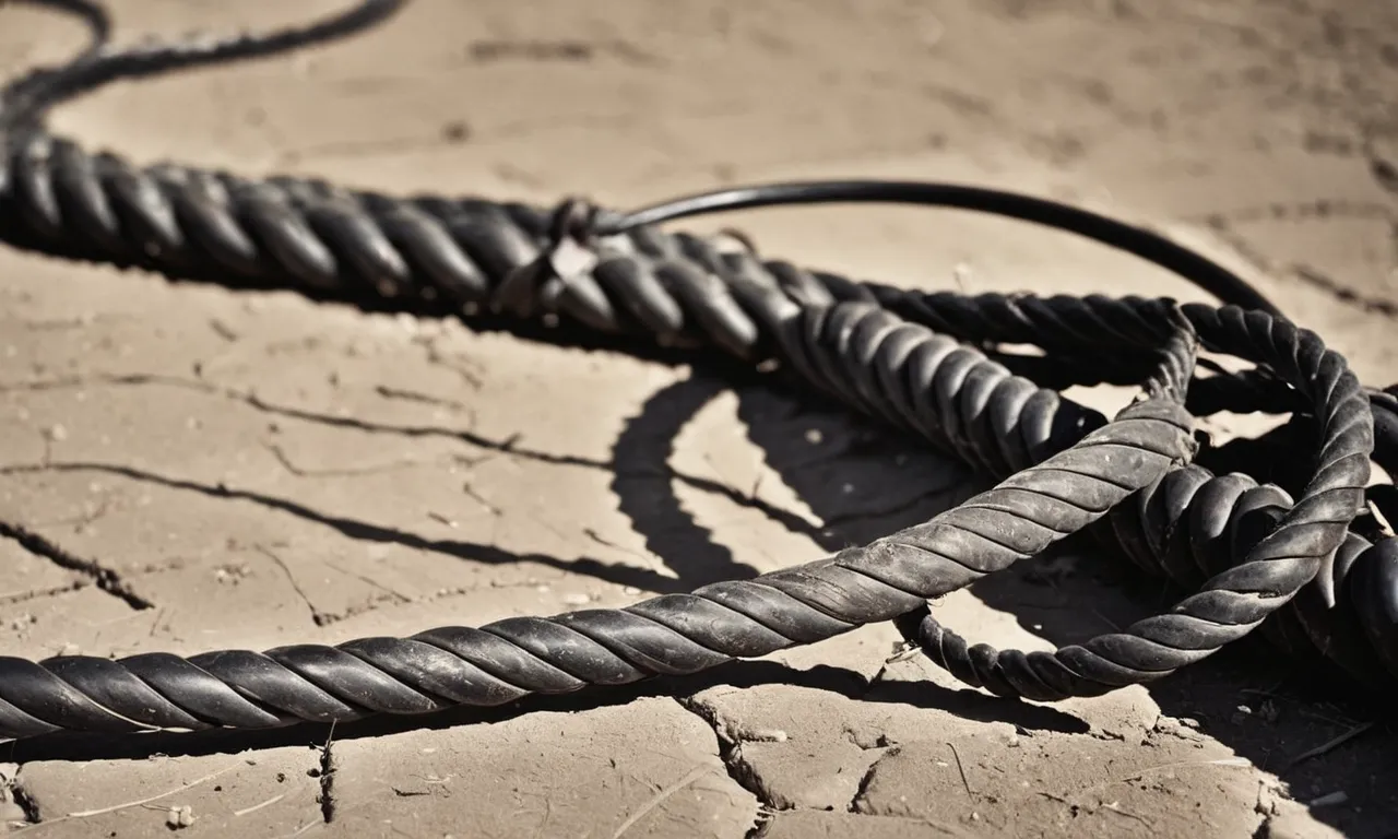 A black and white close-up shot of a worn, weathered whip lying on an ancient, thorny vineyard floor, evoking the painful symbolism of flogging in biblical times.