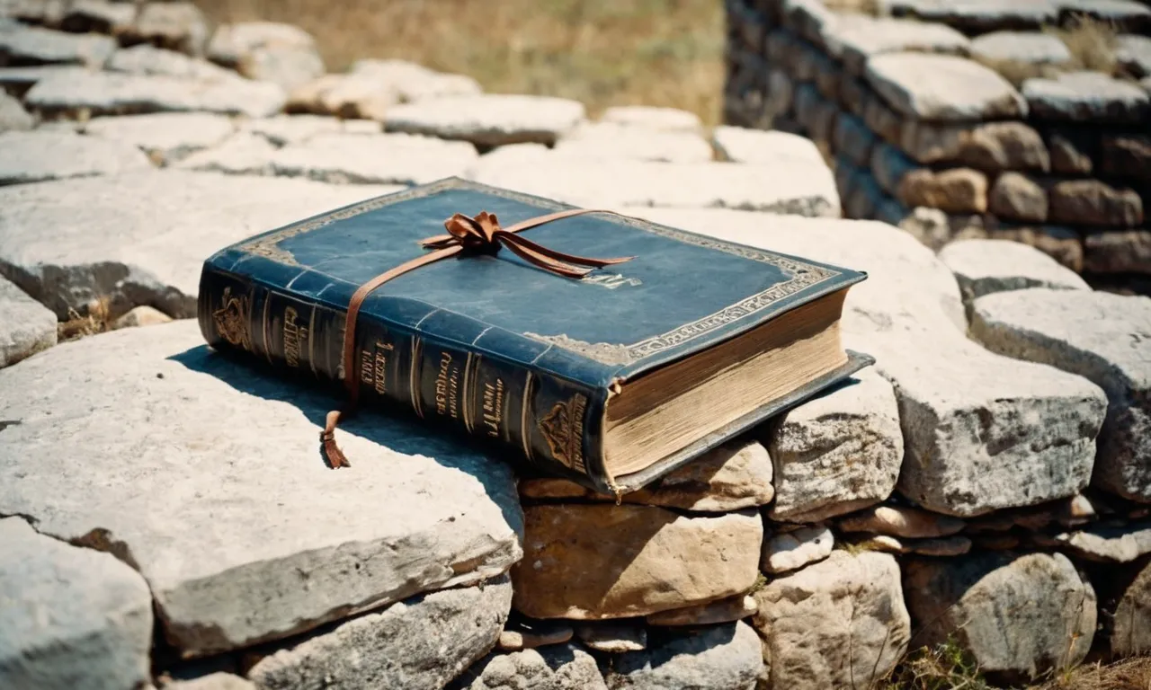 In the photo, a worn Bible rests open on a weathered stone fortress wall, symbolizing the strength, protection, and refuge that God's Word offers amidst life's challenges.