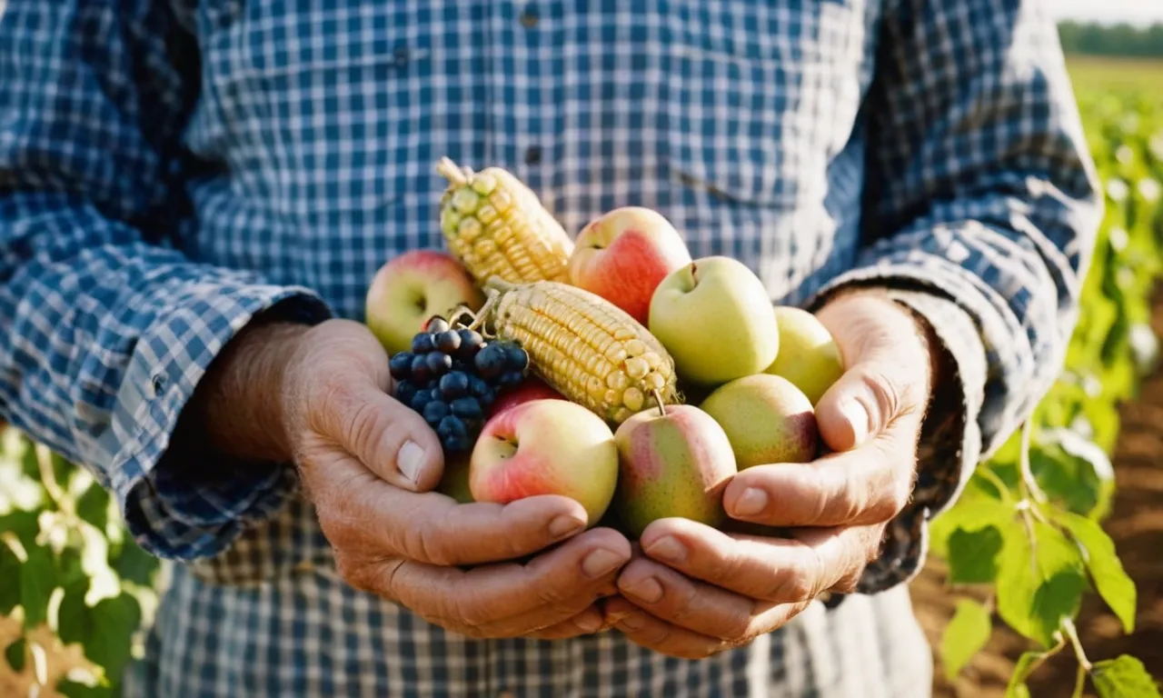 A photograph capturing a farmer's hands, cradling a bountiful harvest, symbolizing the biblical concept of fruitfulness and God's blessings on the land.