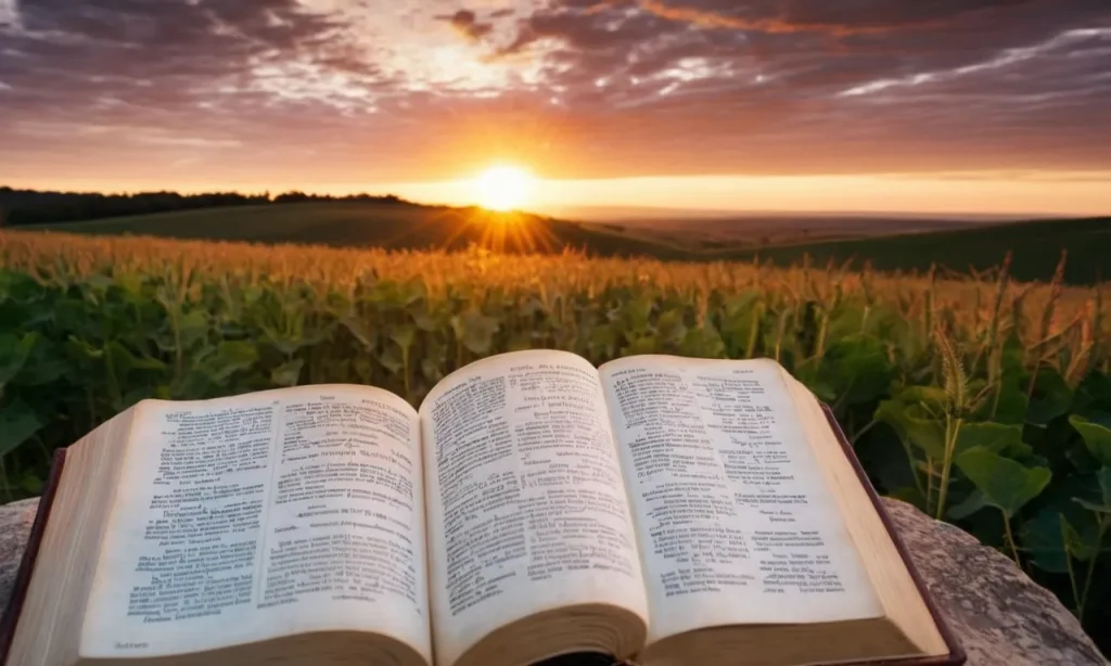 A photo capturing a radiant sunrise over a serene landscape with a Bible open to a verse about glory, symbolizing the divine brilliance and splendor mentioned in the Bible.