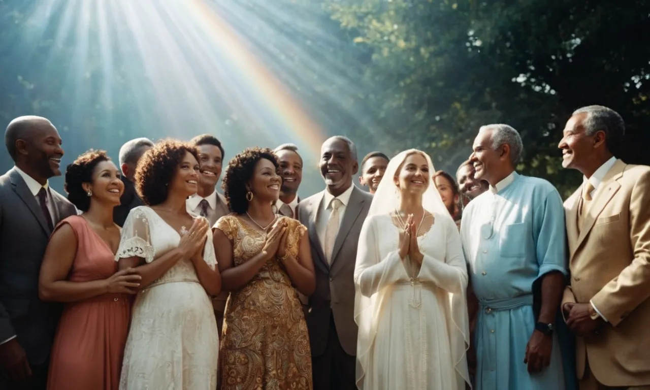 A photo capturing a diverse group of people, united in love and compassion, symbolizing God's children, with rays of light shining down from above, signifying divine guidance and protection.