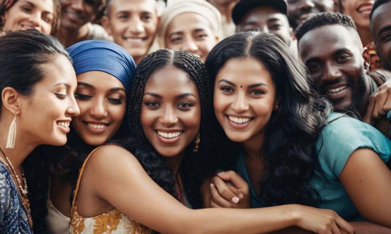 A photo capturing a diverse group of people from various backgrounds and cultures coming together in unity, symbolizing God's desire for us to love, accept, and embrace one another.