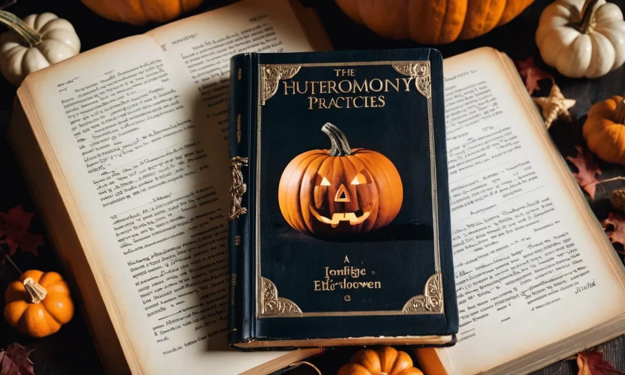 A photo capturing a Bible open to a verse from Deuteronomy about avoiding pagan practices, juxtaposed against a carved pumpkin and spooky decorations, symbolizing the clash between Halloween and religious beliefs.