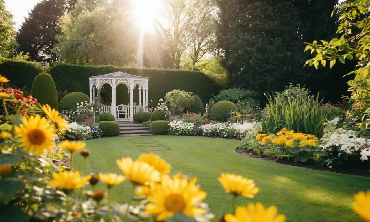 A photo of a serene garden, bathed in golden sunlight, with fragrant flowers blooming abundantly, capturing the essence of divine aroma, evoking the question, "What does God smell like?"