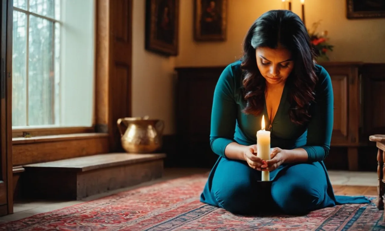 A somber photo captures a woman kneeling in prayer, seeking guidance from a flickering candle, as her tear-stained face reflects the turmoil of questioning what path God desires after her husband's betrayal.