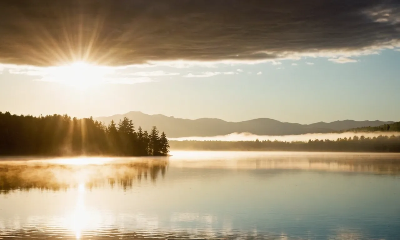 A photo of a serene sunrise over a mist-covered lake, with rays of light piercing through the clouds, symbolizing divine guidance and a sense of peace.