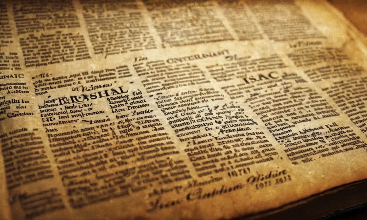A close-up shot of a worn Bible page revealing the name "Isaac" amidst highlighted verses, symbolizing the biblical significance of Isaac and his role in God's covenant with Abraham.