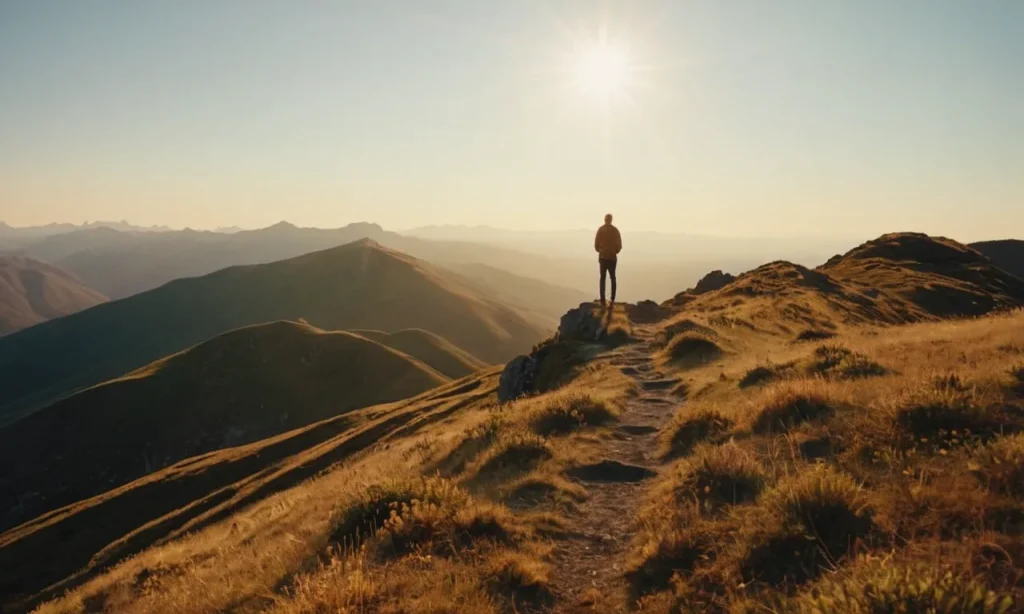 A photo of a solitary figure standing on a mountaintop, bathed in golden sunlight, symbolizing the divine choice and purpose bestowed upon us before the world began.