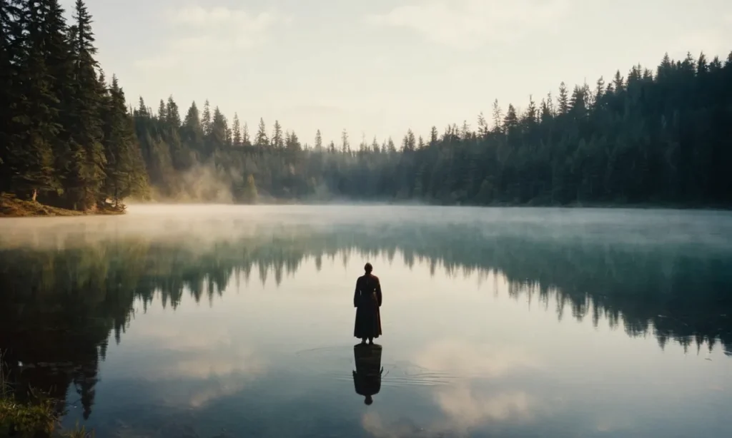 A mystical photo of a lone figure standing at the edge of a serene lake, surrounded by ethereal mist, symbolizing the profound connection between the human spirit and its ultimate return to the divine.