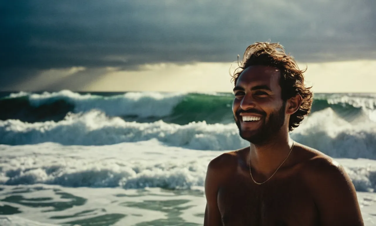 A photo capturing a person bathed in radiant light, a serene smile on their face, as they stand amidst a stormy sea, symbolizing God's favor amidst life's trials.