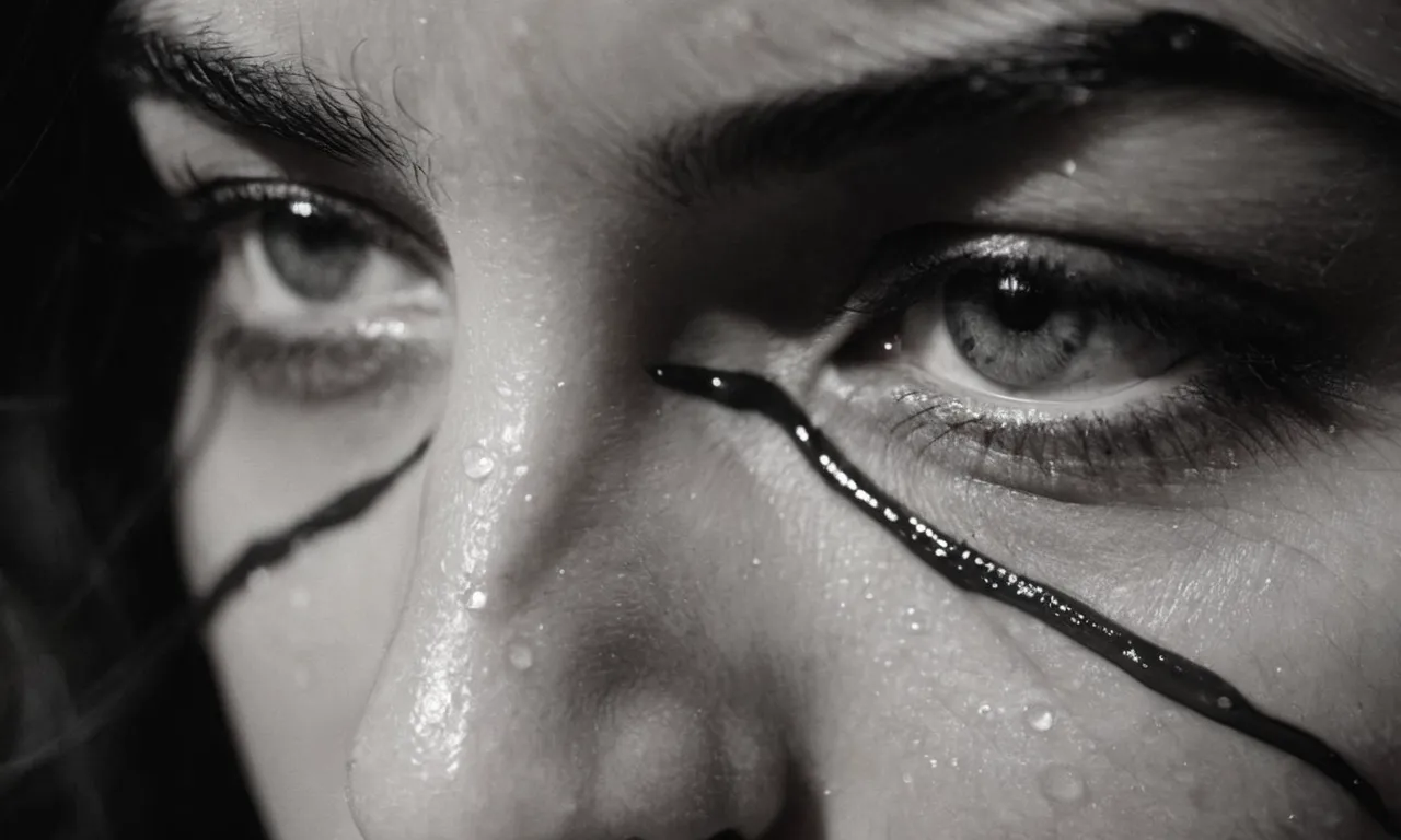 A black and white close-up of a tear-streaked face, eyes filled with anger and pain, as the hands clench in frustration, questioning and challenging the existence of a higher power.
