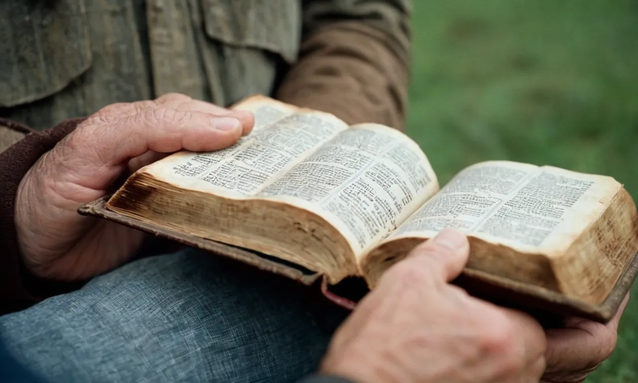 A close-up shot capturing a pair of weathered hands gently cradling a worn Bible, symbolizing the profound devotion and humble obedience that comes with following Jesus.