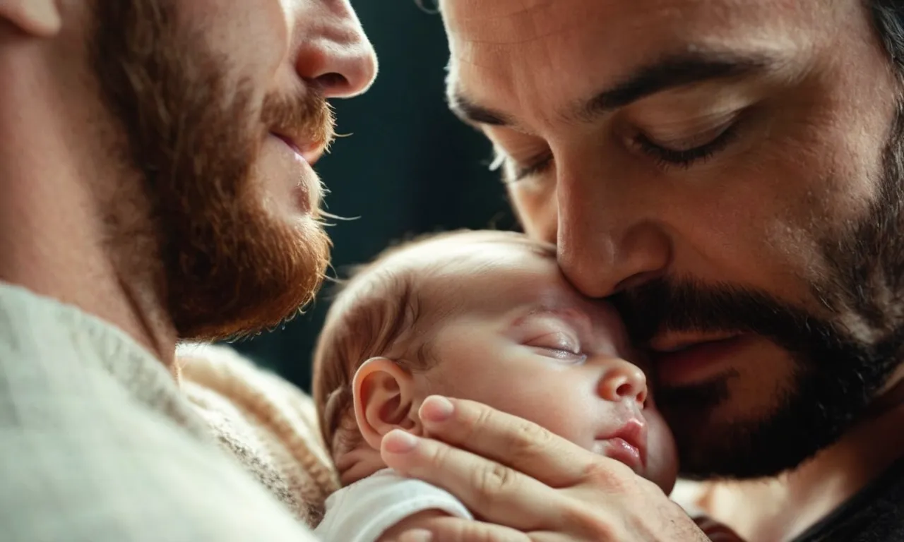 A powerful image of a father holding his newborn son, their eyes locked in a bond of love and wonder, capturing the incredible gift and responsibility of raising a child blessed by God.