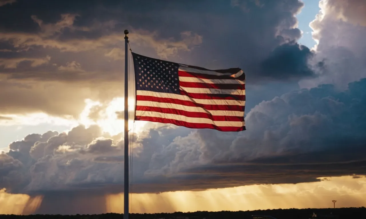 A breathtaking image capturing a radiant sunrise with a majestic flag unfurling against a backdrop of dark storm clouds, symbolizing God's intervention and guidance amid challenging times.