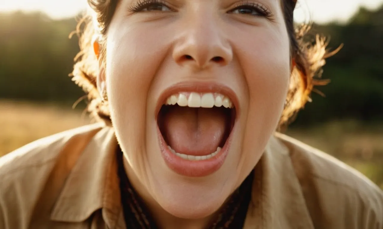 A photo capturing a person with their mouth wide open, bathed in warm golden light, symbolizing their readiness to receive divine wisdom and guidance.