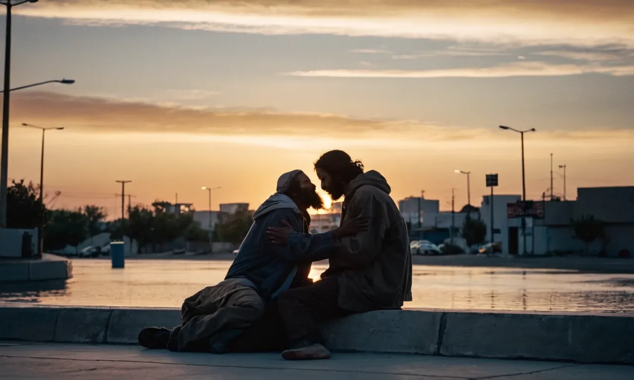 A breathtaking photo captures a sunset silhouette of a man embracing a homeless person, embodying Jesus' teachings on love and compassion.