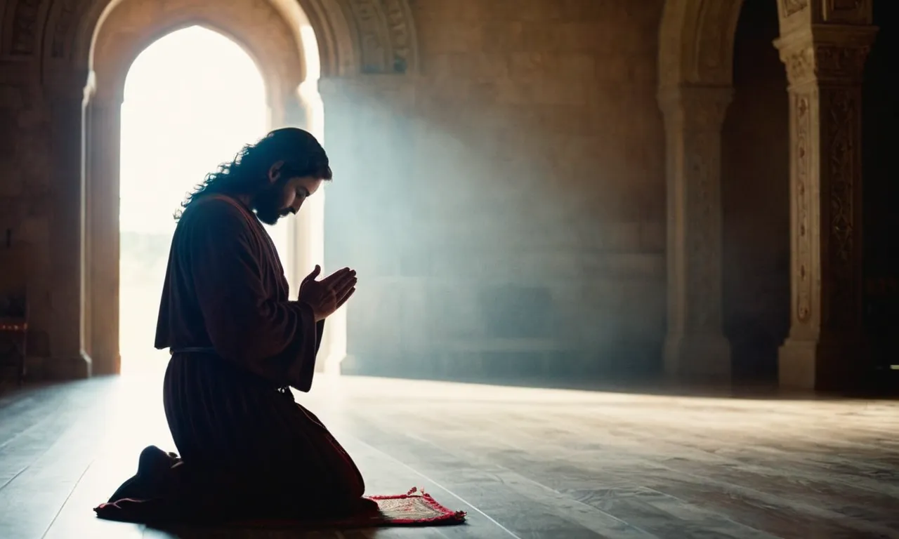 A humble photograph capturing a solitary figure kneeling in prayer, hands clasped in reverence, with a faint glow illuminating their face, symbolizing Jesus' teachings on humility and the dangers of pride.