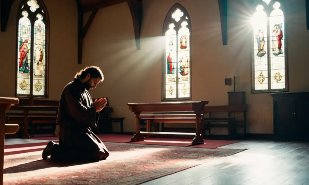 A photo of a person kneeling in prayer, with sunlight streaming through a church window, symbolizing Jesus' desire for us to seek guidance, love one another, and have faith.