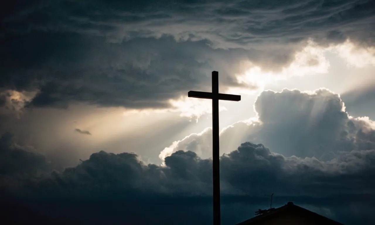 A captivating photo of a sunbeam piercing through storm clouds, illuminating a cross-shaped silhouette, symbolizing the divine light and guidance found in the Bible.