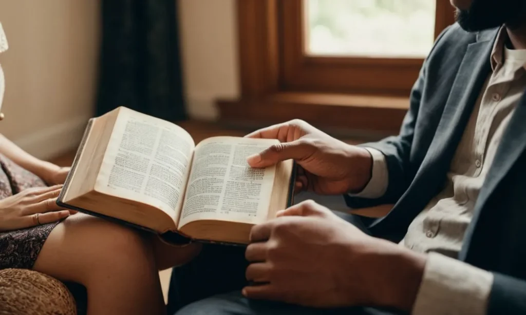 A photo of a couple holding hands, with a Bible open on their laps, symbolizing their love rooted in the teachings and guidance of the Scriptures.