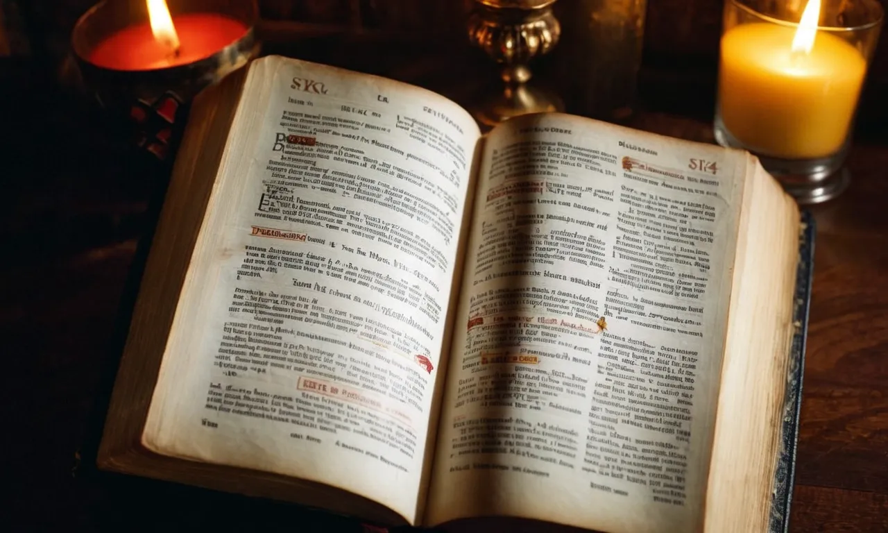 A Bible open to Proverbs 6:14, capturing the page's highlighted verse that explains malice as a deceitful and wicked intent, surrounded by dim candlelight symbolizing darkness and sin.