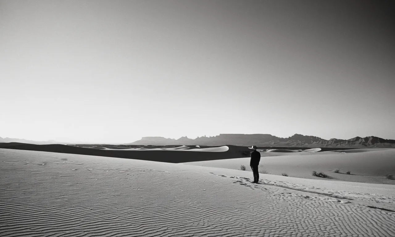 A captivating black and white photograph of a lone figure standing at the edge of a vast desert, symbolizing a spiritual quest for individuality and nonconformity in the biblical context.