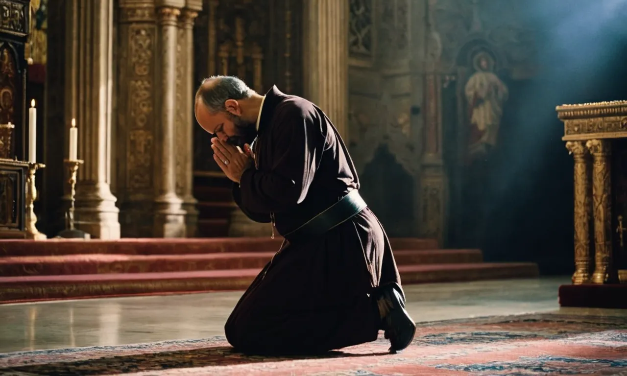 A photo capturing a humble figure kneeling in prayer, hands clasped in a gesture of submission, symbolizing obedience to God's will as taught in the Bible.