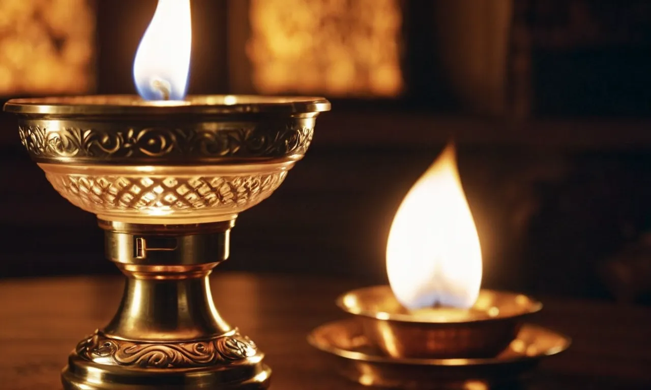 A close-up shot of a glowing oil lamp, casting a warm and comforting light, symbolizing the presence of God's spirit and guidance in the biblical narrative.