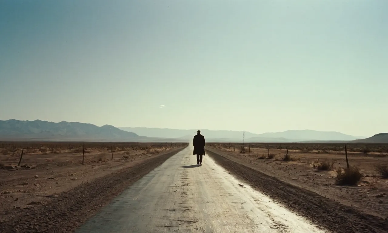 A captivating photo of a desolate wasteland, featuring a lone figure returning home, symbolizing the biblical concept of prodigal, representing repentance and the journey back to God's embrace.